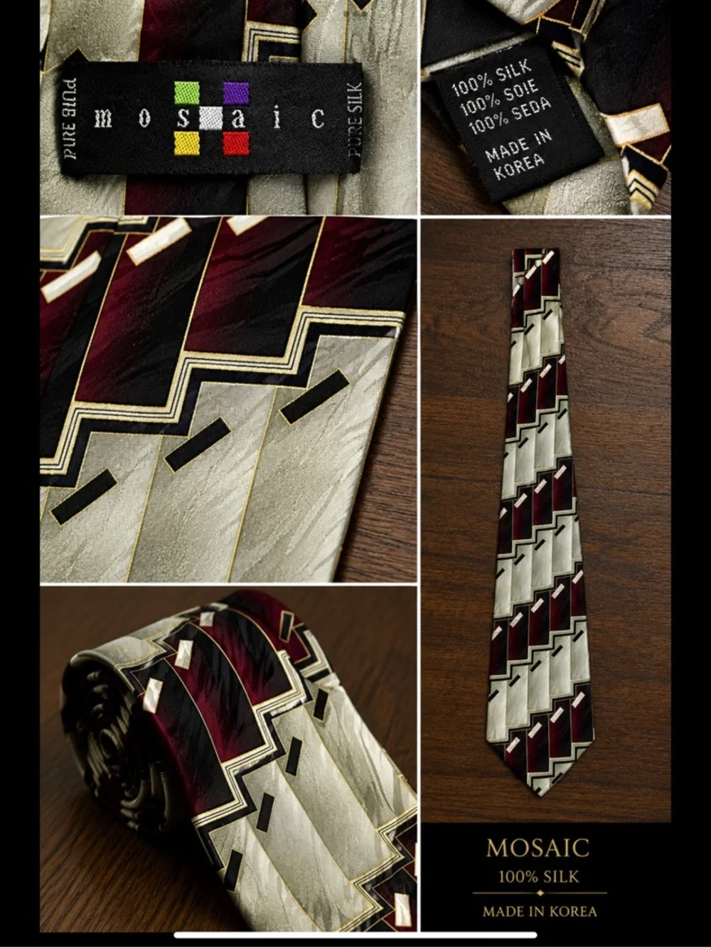 Art Deco Executive Silk Tie • Burgundy Geometric Silk Necktie • Wide 4”Power Tie
